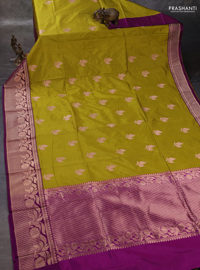 Lime Green & Purple Banarasi Katan Silk Saree - Zari Butta