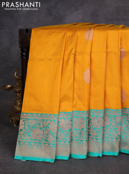Mustard Yellow & Teal Green Banarasi Katan Silk Saree - Zari Butta