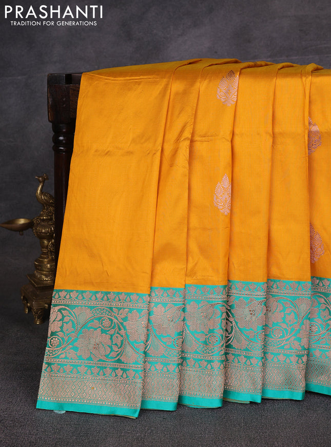 Mustard Yellow & Teal Green Banarasi Katan Silk Saree - Zari Butta