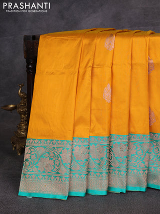 Mustard Yellow & Teal Green Banarasi Katan Silk Saree - Zari Butta