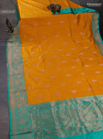 Mustard Yellow & Teal Green Banarasi Katan Silk Saree - Zari Butta