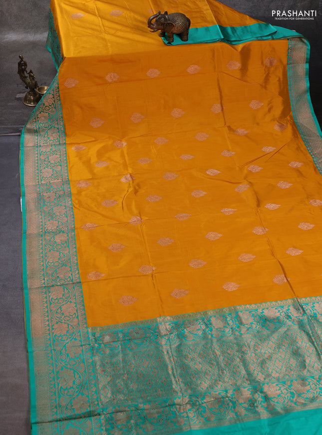 Mustard Yellow & Teal Green Banarasi Katan Silk Saree - Zari Butta