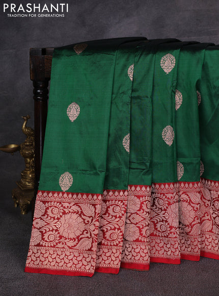 Bottle Green & Red Banarasi Katan Silk Saree - Zari Butta