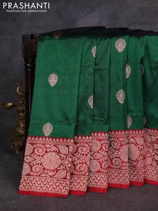Bottle Green & Red Banarasi Katan Silk Saree - Zari Butta