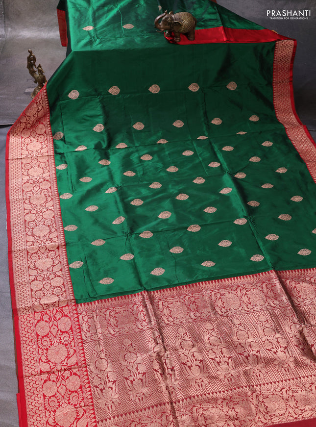 Bottle Green & Red Banarasi Katan Silk Saree - Zari Butta