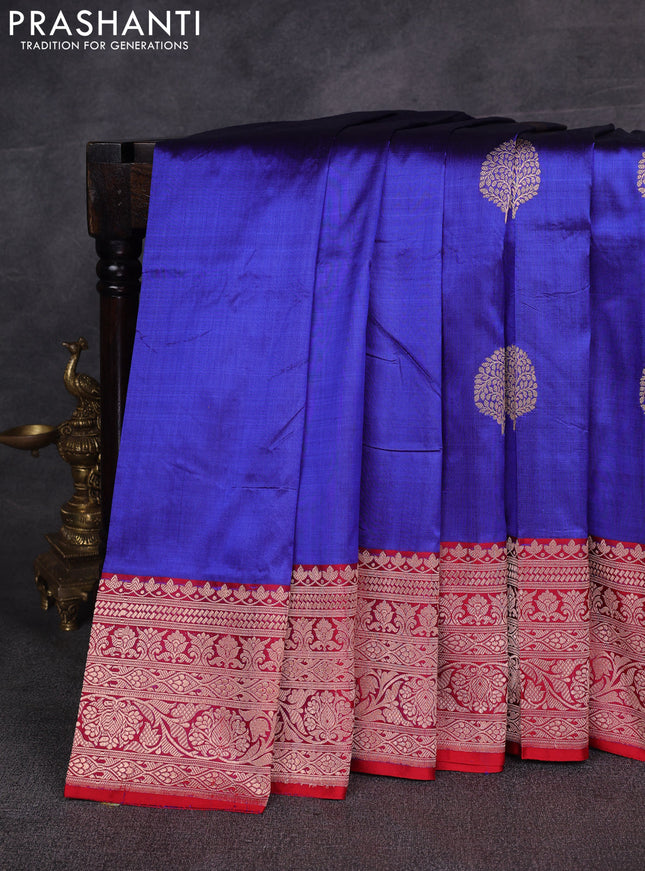 Blue & Red Banarasi Katan Silk Saree - Zari Butta