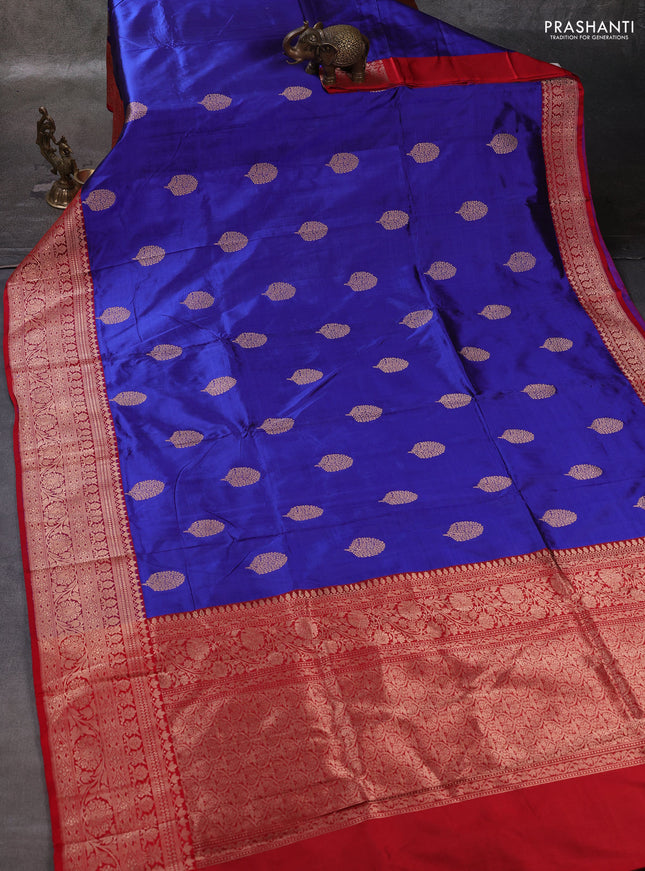 Blue & Red Banarasi Katan Silk Saree - Zari Butta