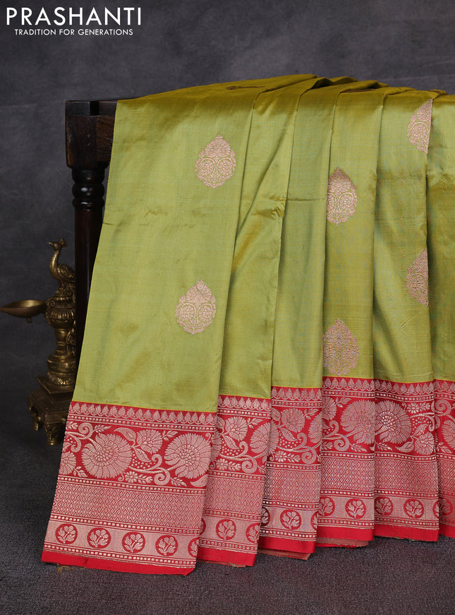 Lime Green & Red Banarasi Katan Silk Saree - Zari Butta