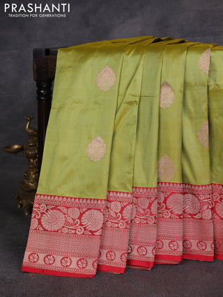 Lime Green & Red Banarasi Katan Silk Saree - Zari Butta