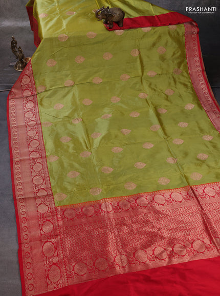 Lime Green & Red Banarasi Katan Silk Saree - Zari Butta