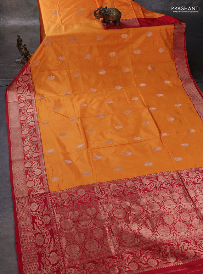Mamgo Yellow & Red Banarasi Katan Silk Saree - Zari Butta