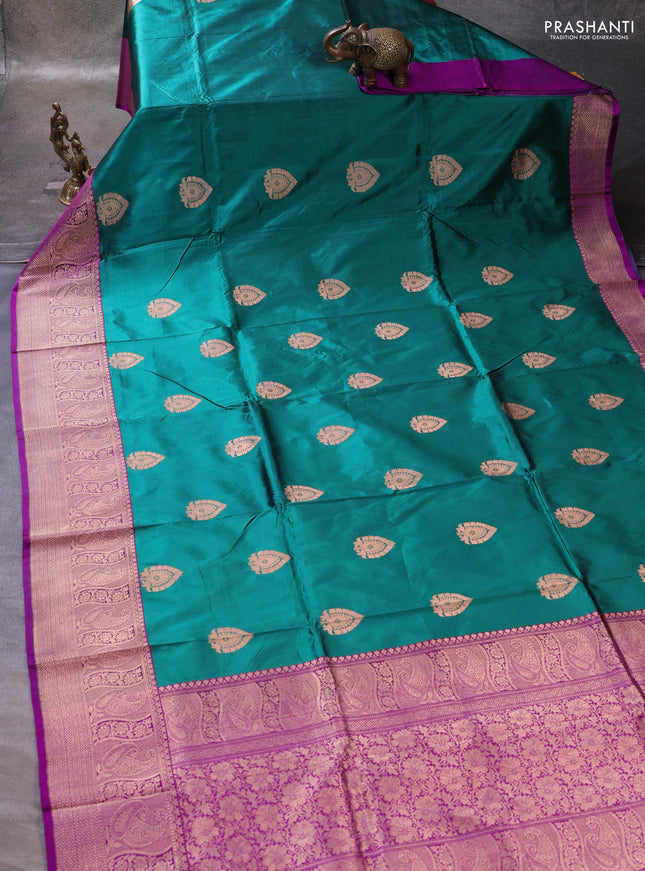 Peacock Green & Purple Banarasi Katan Silk Saree - Zari Butta