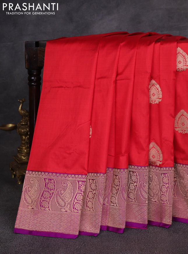 Red & Purple Banarasi Katan Silk Saree - Zari Butta