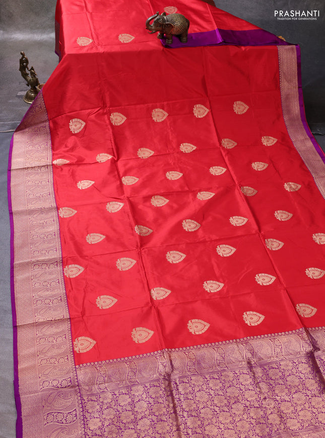 Red & Purple Banarasi Katan Silk Saree - Zari Butta