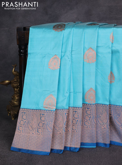 Light Blue & Peacock Blue Banarasi Katan Silk Saree - Zari Butta