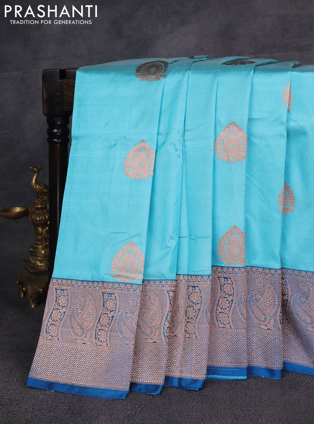 Light Blue & Peacock Blue Banarasi Katan Silk Saree - Zari Butta