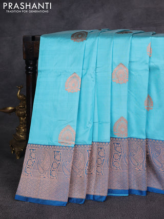 Light Blue & Peacock Blue Banarasi Katan Silk Saree - Zari Butta