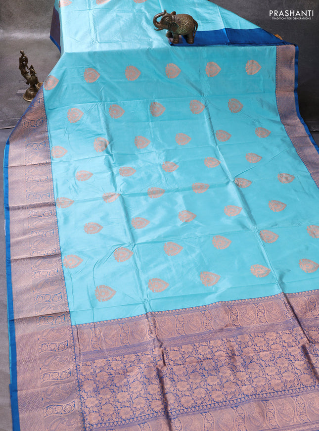 Light Blue & Peacock Blue Banarasi Katan Silk Saree - Zari Butta