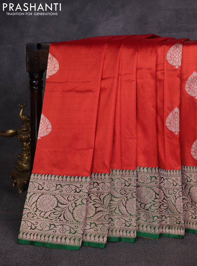Rust  & Green Banarasi Katan Silk Saree - Zari Butta