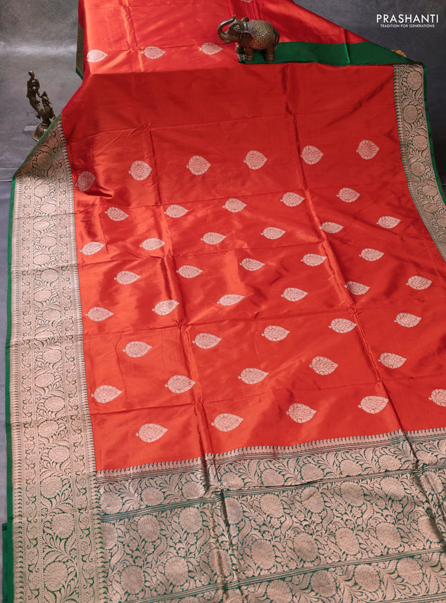 Rust  & Green Banarasi Katan Silk Saree - Zari Butta