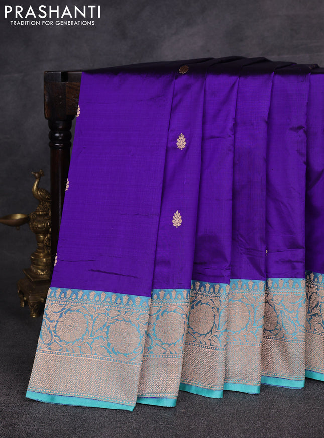 Violet & Teal Blue Banarasi Katan Silk Saree - Zari Butta