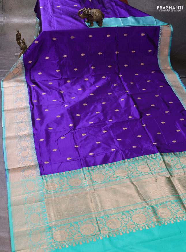 Violet & Teal Blue Banarasi Katan Silk Saree - Zari Butta