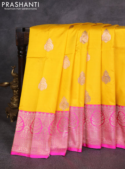 Yellow & Candy Pink Banarasi Katan Silk Saree - Zari Butta