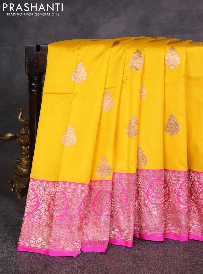 Yellow & Candy Pink Banarasi Katan Silk Saree - Zari Butta