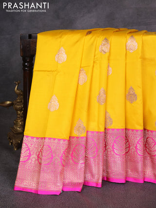 Yellow & Candy Pink Banarasi Katan Silk Saree - Zari Butta