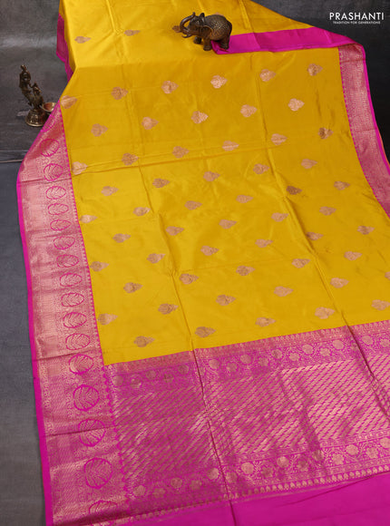 Yellow & Candy Pink Banarasi Katan Silk Saree - Zari Butta