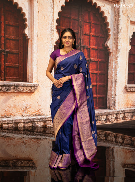 Blue & Purple Banarasi Katan Silk Saree - Zari Butta