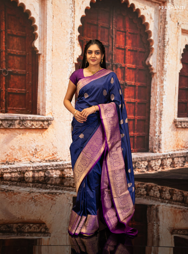 Blue & Purple Banarasi Katan Silk Saree - Zari Butta