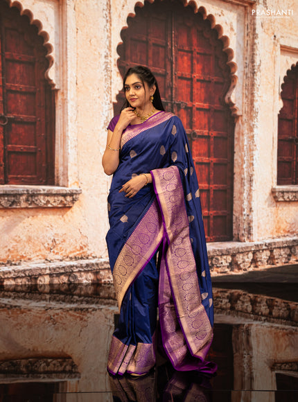 Blue & Purple Banarasi Katan Silk Saree - Zari Butta