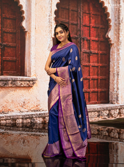 Blue & Purple Banarasi Katan Silk Saree - Zari Butta