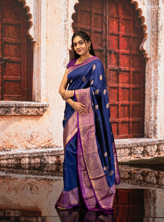 Blue & Purple Banarasi Katan Silk Saree - Zari Butta