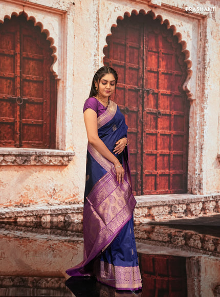Blue & Purple Banarasi Katan Silk Saree - Zari Butta