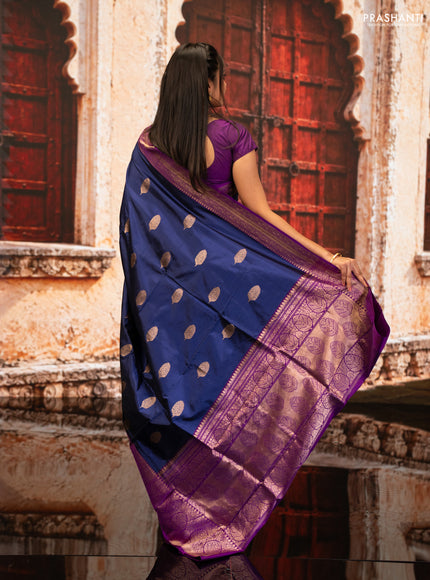 Blue & Purple Banarasi Katan Silk Saree - Zari Butta