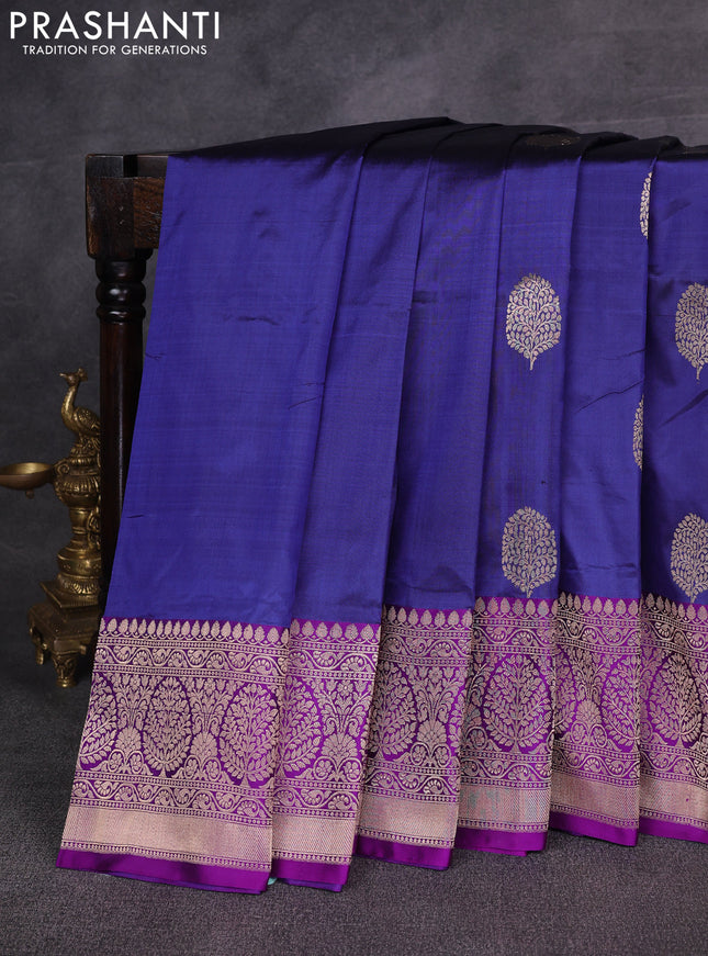 Blue & Purple Banarasi Katan Silk Saree - Zari Butta