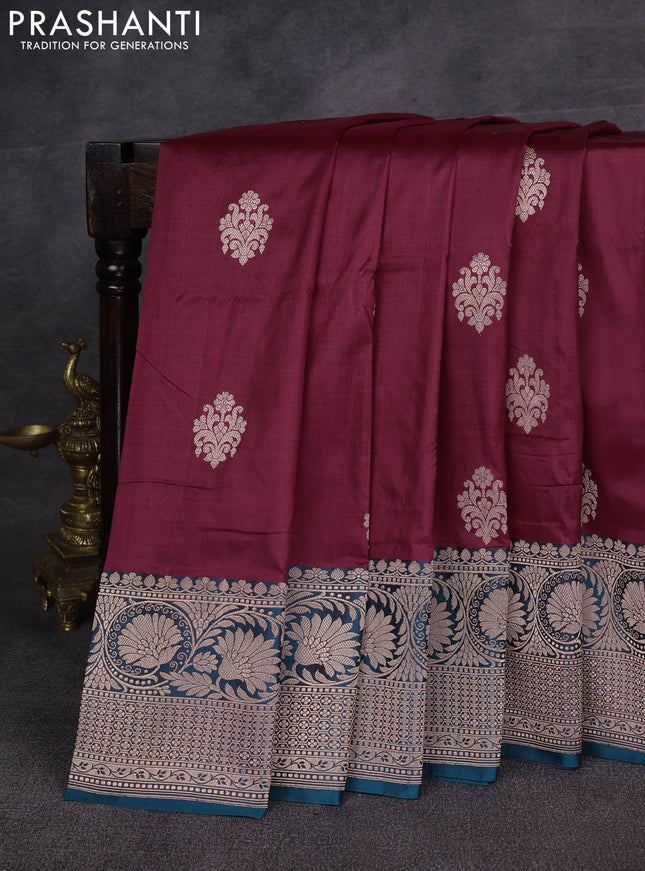 Maroon & Peacock Green Banarasi Katan Silk Saree - Zari Butta