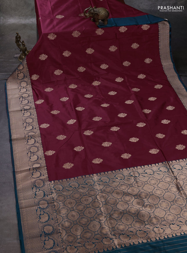 Maroon & Peacock Green Banarasi Katan Silk Saree - Zari Butta