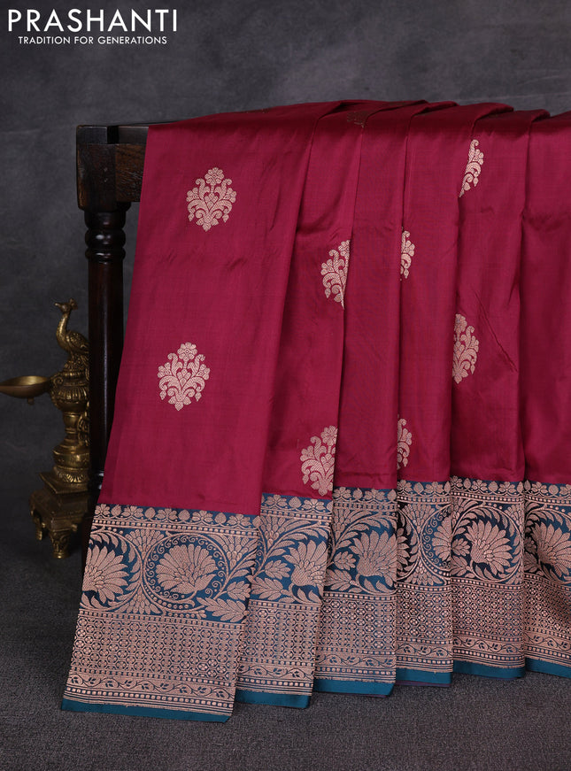 Wine & Peacock Green Banarasi Katan Silk Saree - Zari Butta