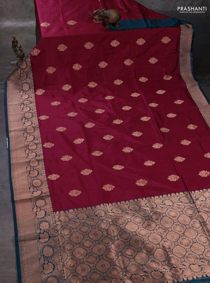 Wine & Peacock Green Banarasi Katan Silk Saree - Zari Butta