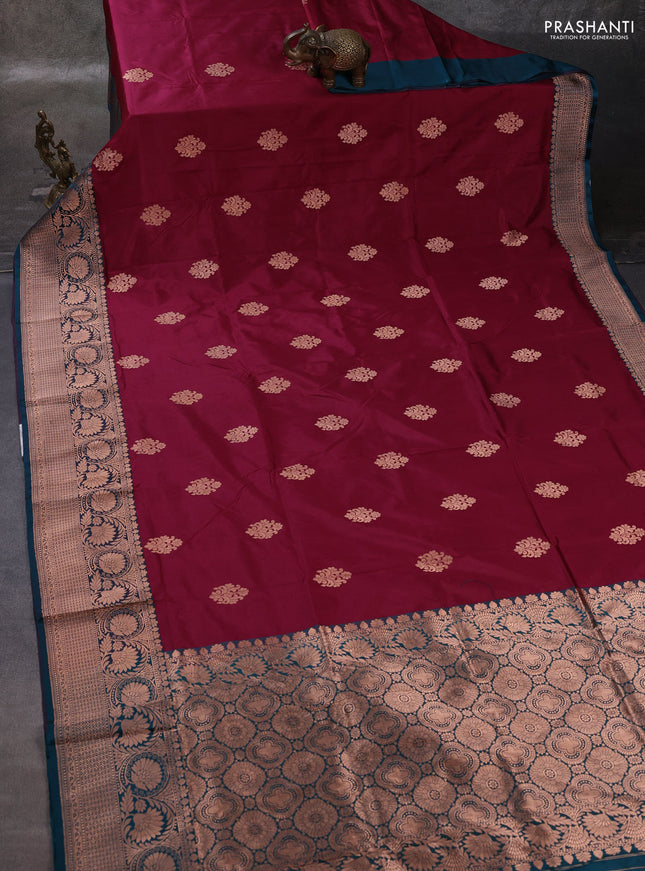 Wine & Peacock Green Banarasi Katan Silk Saree - Zari Butta