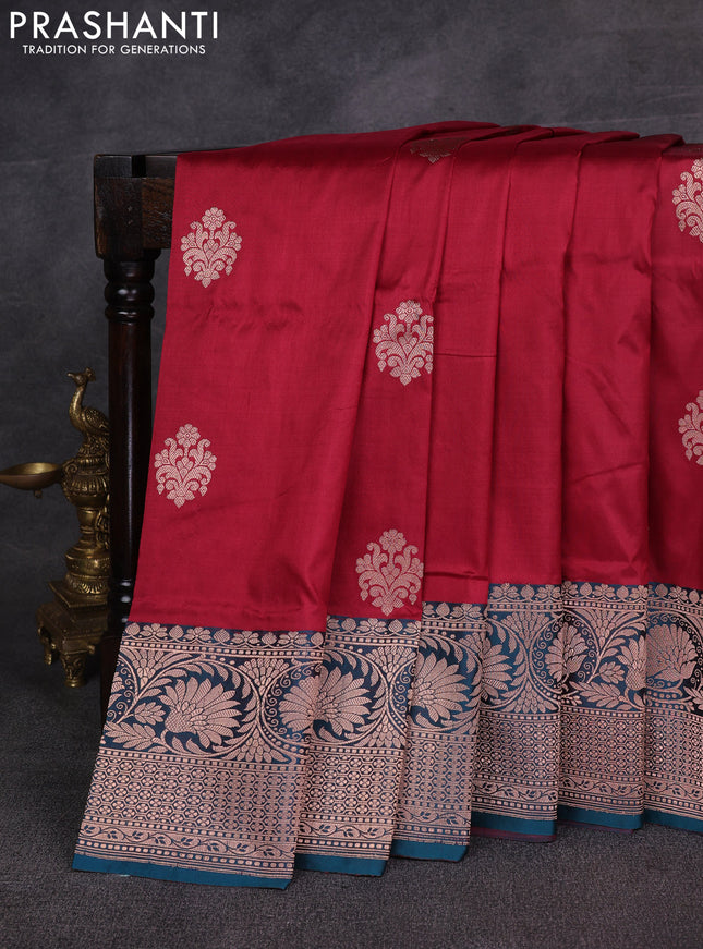 Maroon & Peacock Green Banarasi Katan Silk Saree - Zari Butta