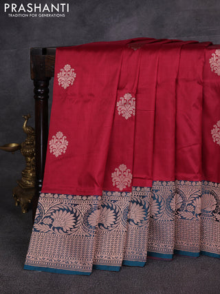 Maroon & Peacock Green Banarasi Katan Silk Saree - Zari Butta