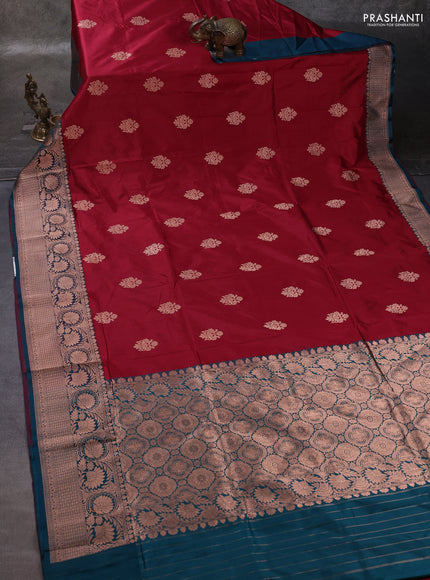 Maroon & Peacock Green Banarasi Katan Silk Saree - Zari Butta