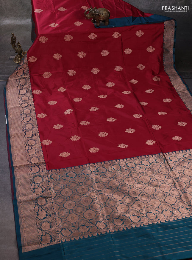 Maroon & Peacock Green Banarasi Katan Silk Saree - Zari Butta