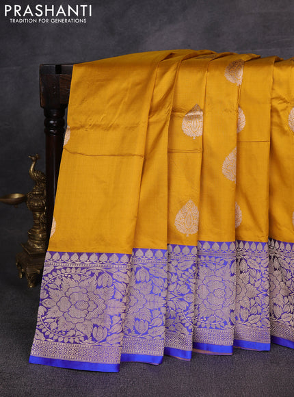 Mustard Yellow & Blue Banarasi Katan Silk Saree - Zari Butta