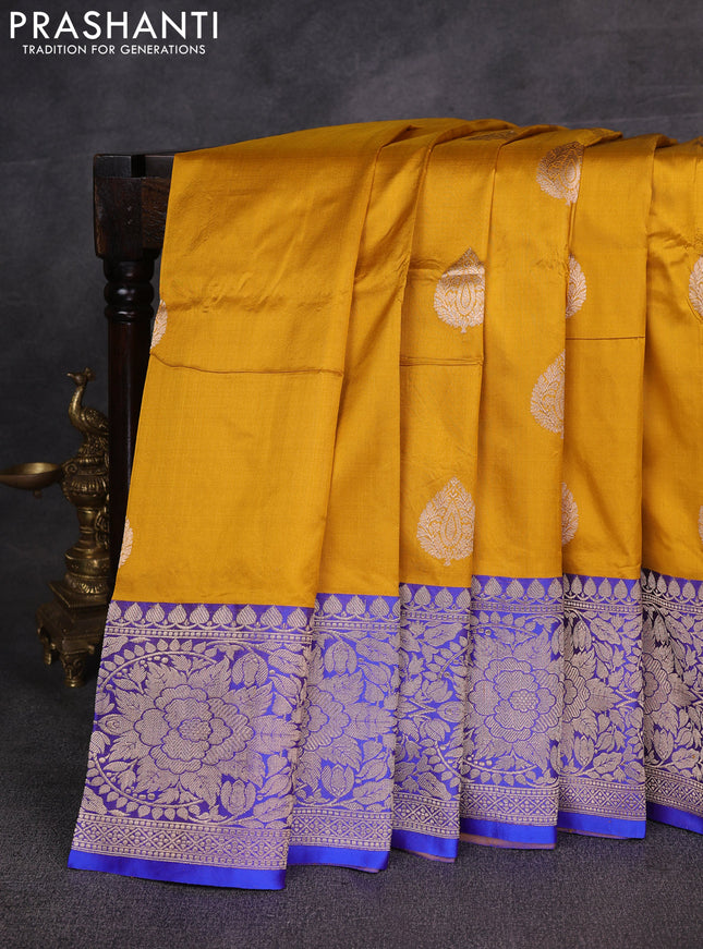 Mustard Yellow & Blue Banarasi Katan Silk Saree - Zari Butta