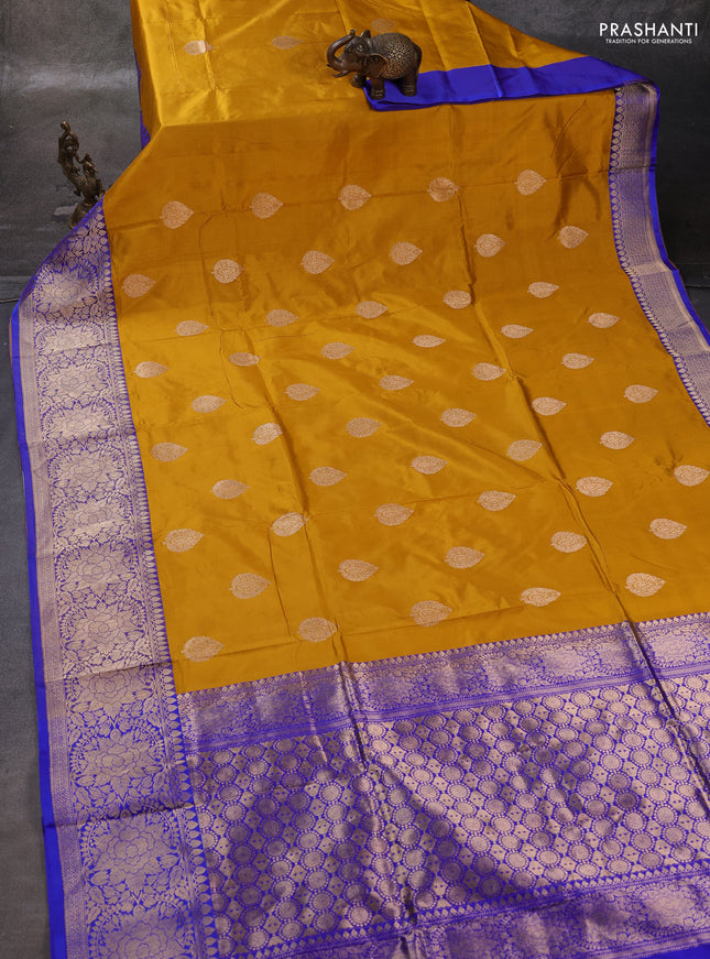 Mustard Yellow & Blue Banarasi Katan Silk Saree - Zari Butta